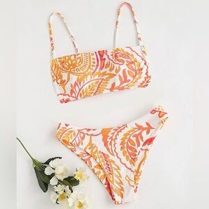 NEW Orange Yellow Paisley Plant Print Two Piece Swimsuit Set Size Large